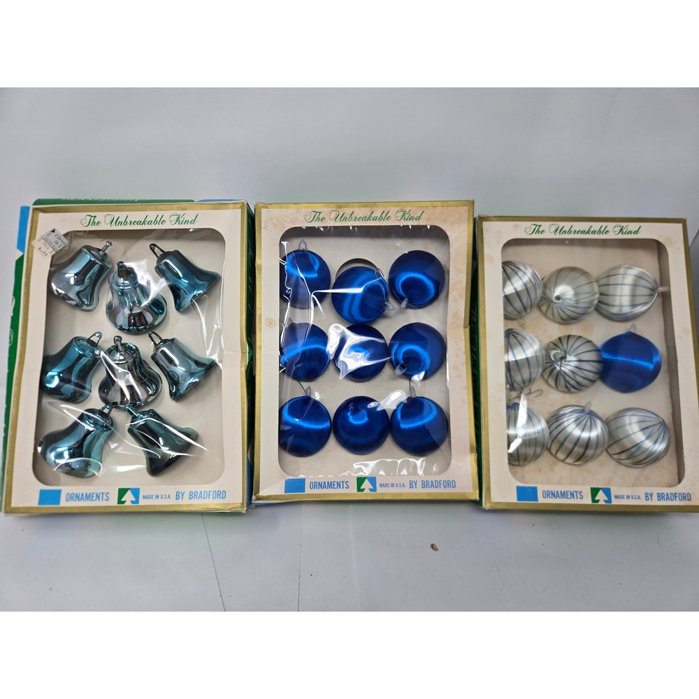 Vintage Bradford Christmas Ornaments Lot 3 Boxes Bells Satin Sheen Blue Silver
